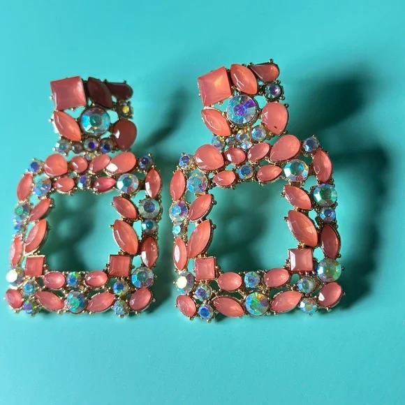 Elegant Coral and Blue Statement Earrings - Picture 3 of 4